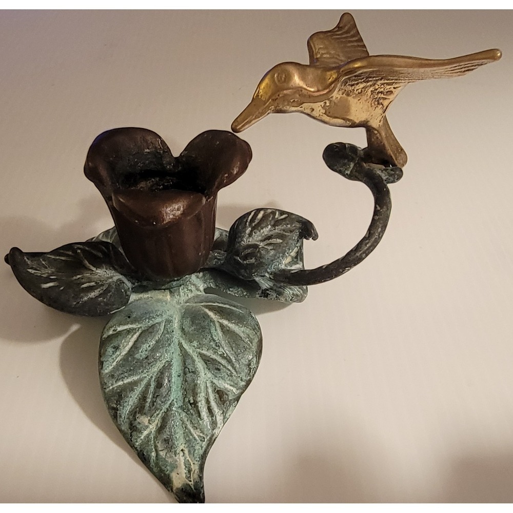 Andrea By Sadek Brass Verdigris Hummingbird  Flower Candle Holder 4" x 4" x 4"